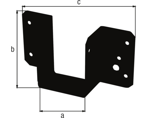 Sabot de charpente en métal avec dimensions a, b et c pour la largeur et la hauteur, et trous pré-percés.