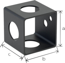 Raccord métallique noir en forme de cube avec indications des dimensions pour la hauteur, la largeur et la profondeur.