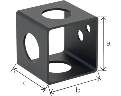 Raccord métallique noir en forme de cube avec indications des dimensions pour la hauteur, la largeur et la profondeur.