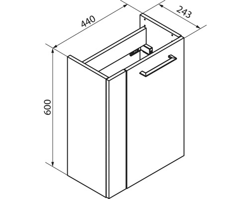 Maßzeichnung eines Waschbeckenunterschranks mit einer Tür. Höhe 600 Millimeter, Breite 440 Millimeter, Tiefe 243 Millimeter.