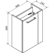 Dessin technique d'un meuble sous-lavabo avec dimensions : hauteur 600 millimètres, largeur 440 millimètres, profondeur 243 millimètres.