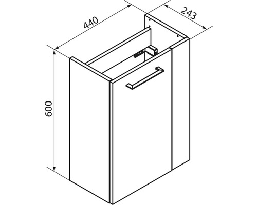 Dessin technique d'un meuble sous-lavabo avec dimensions : hauteur 600 millimètres, largeur 440 millimètres, profondeur 243 millimètres.
