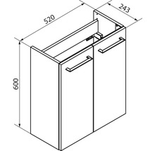 Schéma technique d'un meuble sous-vasque avec deux portes et deux poignées, dimensions 520 millimètres de largeur, 600 millimètres de hauteur, 243 millimètres de profondeur