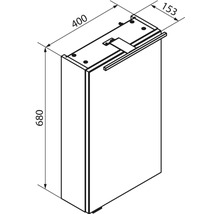 Dessin technique armoire de toilette avec éclairage : largeur 400 millimètres, hauteur 680 millimètres, profondeur 153 millimètres.