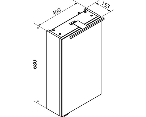 Dessin technique armoire de toilette avec éclairage : largeur 400 millimètres, hauteur 680 millimètres, profondeur 153 millimètres.