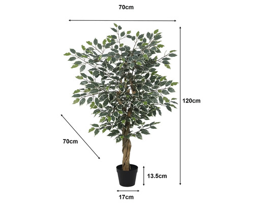 Künstlicher Ficus Benjamina mit gedrehtem Stamm. Höhe 120 Zentimeter, Breite 70 Zentimeter. Topf: Höhe 13,5 Zentimeter, Durchmesser 17 Zentimeter.