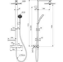 Maßzeichnung eines Duschsystems mit Regenduschkopf, Handbrause, Armatur und Ablagen, Maße in Millimeter.
