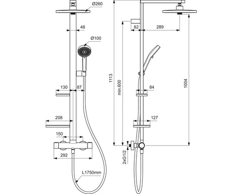 Maßzeichnung eines Duschsystems mit Regenduschkopf, Handbrause, Armatur und Ablagen, Maße in Millimeter.