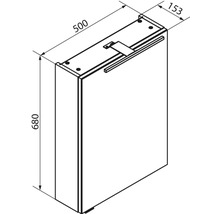 Dessin technique armoire de toilette avec dimensions: largeur 500 millimètres, hauteur 680 millimètres, profondeur 153 millimètres.