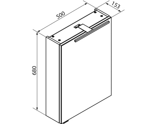Dessin technique armoire de toilette avec dimensions: largeur 500 millimètres, hauteur 680 millimètres, profondeur 153 millimètres.