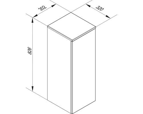 Dessin technique d un meuble de salle de bain dimensions 826 millimètres hauteur, 320 millimètres largeur et 302 millimètres profondeur.