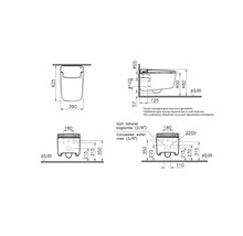 Dessin technique d'un WC douche suspendu avec dimensions en millimètres.