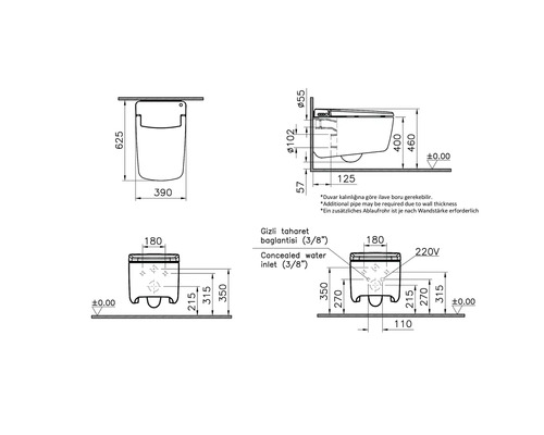 Dessin technique d'un WC douche suspendu avec dimensions en millimètres.