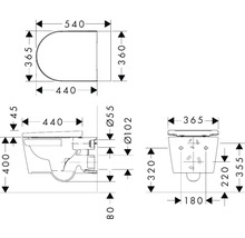 Dessin technique d un WC suspendu avec dimensions en millimètres. Longueur 540 millimètres, largeur 365 millimètres, hauteur 400 millimètres.