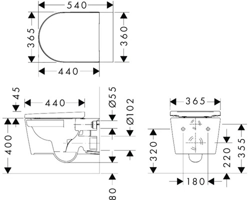 Dessin technique d un WC suspendu avec dimensions en millimètres. Longueur 540 millimètres, largeur 365 millimètres, hauteur 400 millimètres.