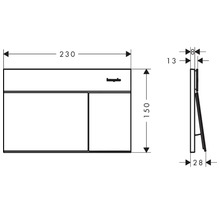 Dessin technique d'une plaque de déclenchement Hansgrohe avec dimensions en millimètres : largeur 230, hauteur 150, profondeur 28.