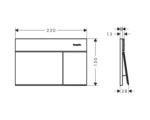 Dessin technique d'une plaque de déclenchement Hansgrohe avec dimensions en millimètres : largeur 230, hauteur 150, profondeur 28.