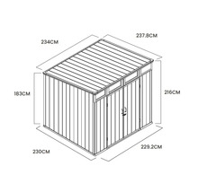 Technische Zeichnung eines Gartenhauses mit Maßen in Zentimetern zur Veranschaulichung der Außenabmessungen.