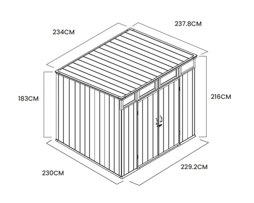 Technische Zeichnung eines Gartenhauses mit Maßen in Zentimetern zur Veranschaulichung der Außenabmessungen.