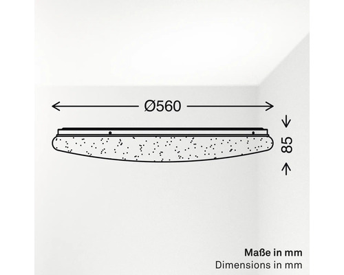 Maßzeichnung einer runden Deckenleuchte mit Sterneneffekt, Durchmesser 560 Millimeter, Höhe 85 Millimeter.