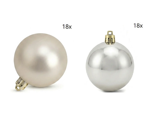 Lot de 36 boules de Noël couleur champagne en plastique, 18 mates et 18 brillantes.