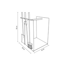 Dessin technique d'un serviteur de cheminée avec porte-bûches, dimensions 60 centimètres de haut, 38 centimètres de large et 43 centimètres de profondeur.