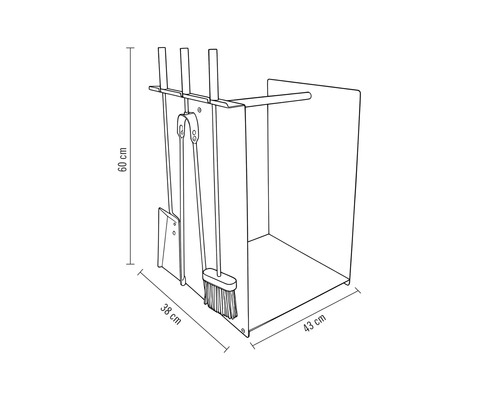 Dessin technique d'un serviteur de cheminée avec porte-bûches, dimensions 60 centimètres de haut, 38 centimètres de large et 43 centimètres de profondeur.