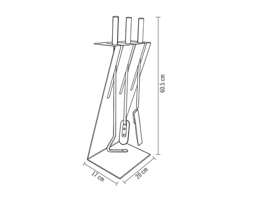 Croquis d'un serviteur de cheminée avec accessoires. Dimensions : 60,5 centimètres de haut, 17 centimètres de large et 20 centimètres de profondeur.
