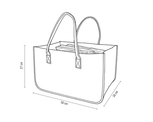 Croquis d'un sac à bois de chauffage mesurant 50 sur 27 sur 34 centimètres, rempli de bois.