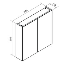 Schéma technique d'une armoire de toilette à deux portes, dimensions : largeur 700 millimètres, hauteur 680 millimètres, profondeur 156 millimètres.