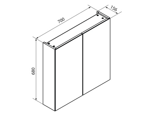 Schéma technique d'une armoire de toilette à deux portes, dimensions : largeur 700 millimètres, hauteur 680 millimètres, profondeur 156 millimètres.