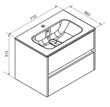 Croquis coté d'un meuble sous-lavabo avec vasque, largeur 710 millimètres, profondeur 465 millimètres, hauteur 515 millimètres, deux tiroirs.