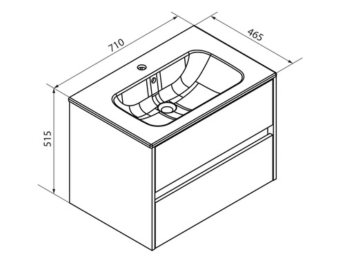 Croquis coté d'un meuble sous-lavabo avec vasque, largeur 710 millimètres, profondeur 465 millimètres, hauteur 515 millimètres, deux tiroirs.