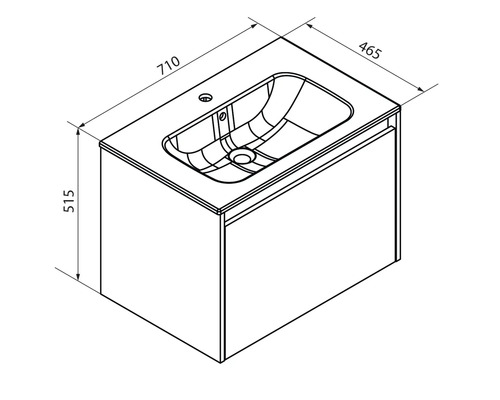 Dessin technique d'un meuble sous-vasque avec lavabo, largeur 710 millimètres, profondeur 465 millimètres, hauteur 515 millimètres.