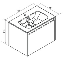 Dessin technique pour meuble sous vasque avec lavabo, largeur 710 millimètres, profondeur 465 millimètres, hauteur 515 millimètres.