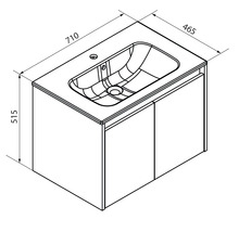 Meuble sous-vasque avec lavabo, largeur 710 millimètres, profondeur 465 millimètres, hauteur 515 millimètres.