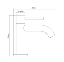 Dessin technique d'un robinet de lavabo avec dimensions : hauteur 134 millimètres, saillie 132 millimètres et diamètre 28 millimètres.