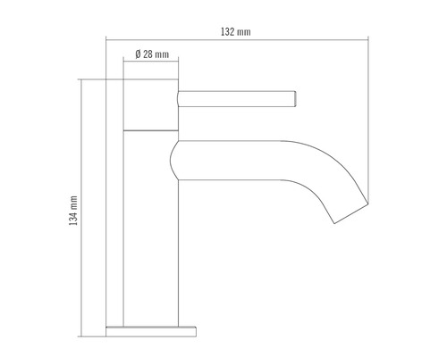 Dessin technique d'un robinet de lavabo avec dimensions : hauteur 134 millimètres, saillie 132 millimètres et diamètre 28 millimètres.