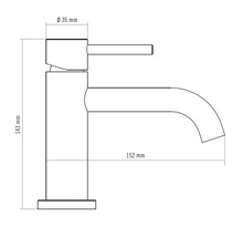Dessin technique d'un robinet de lavabo avec une hauteur de 143 millimètres et une largeur de 152 millimètres.
