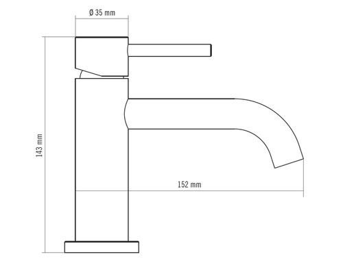 Dessin technique d'un robinet de lavabo avec une hauteur de 143 millimètres et une largeur de 152 millimètres.
