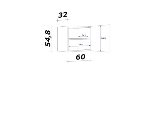 Maßskizze Küchenoberschrank mit Breite 60 Zentimeter, Höhe 54,8 Zentimeter und Tiefe 32 Zentimeter.