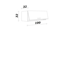 Maßskizze Küchenoberschrank mit Klappe, Breite 100 Zentimeter, Höhe 32 Zentimeter, Tiefe 32 Zentimeter.