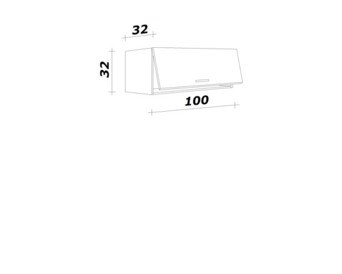 Maßskizze Küchenoberschrank mit Klappe, Breite 100 Zentimeter, Höhe 32 Zentimeter, Tiefe 32 Zentimeter.