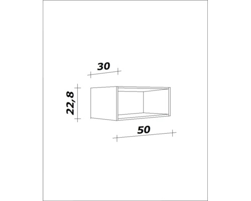 Schéma technique d'une étagère avec les dimensions largeur 50, hauteur 22,8 et profondeur 30.
