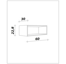 Croquis d'un élément d'étagère avec dimensions : largeur 60 centimètres, hauteur 22,8 centimètres et profondeur 30 centimètres.