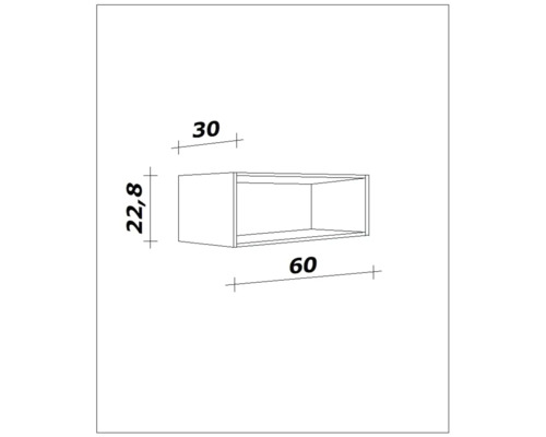 Croquis d'un élément d'étagère avec dimensions : largeur 60 centimètres, hauteur 22,8 centimètres et profondeur 30 centimètres.