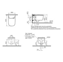 Dessin technique d'une toilette suspendue avec dimensions en millimètres pour la largeur, la profondeur, la hauteur et les raccordements.