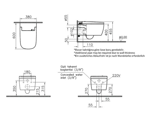 Dessin technique d'une toilette suspendue avec dimensions en millimètres pour la largeur, la profondeur, la hauteur et les raccordements.