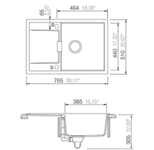 Dessin technique d un évier de cuisine avec dimensions en millimètres et pouces. Vue de dessus et de profil avec bac et égouttoir.