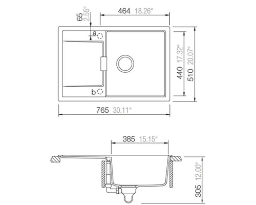 Dessin technique d un évier de cuisine avec dimensions en millimètres et pouces. Vue de dessus et de profil avec bac et égouttoir.
